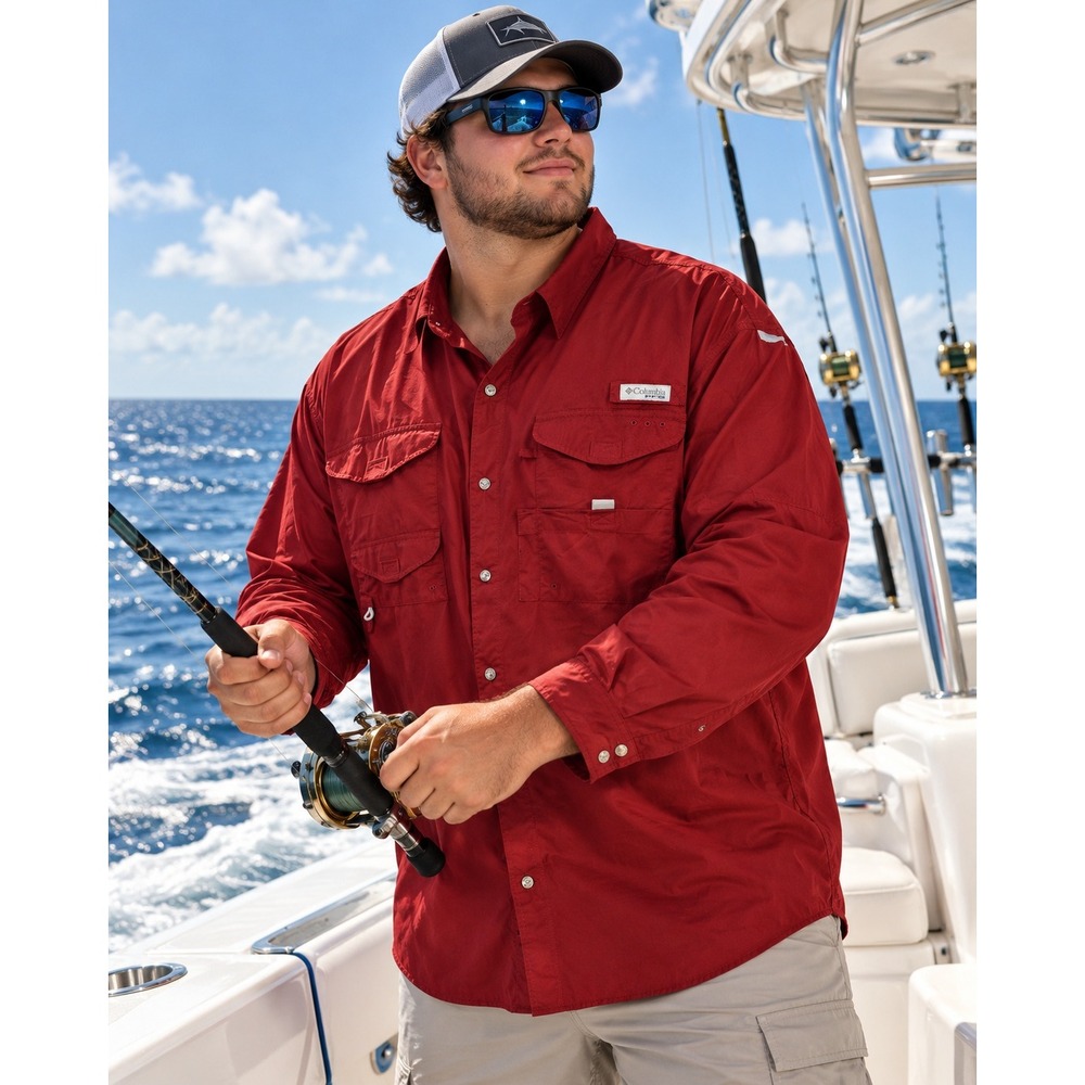Columbia PFG Fishing Shirt XXL Red Bahama II Long Sleeve Vented #1618
